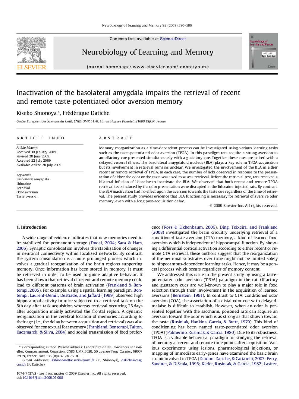 Inactivation of the basolateral amygdala impairs the retrieval of recent and remote taste-potentiated odor aversion memory