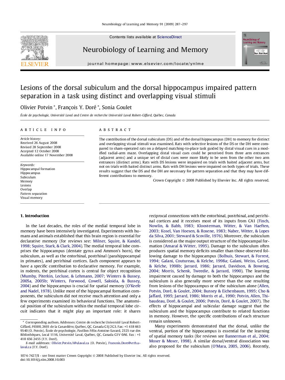 Lesions of the dorsal subiculum and the dorsal hippocampus impaired pattern separation in a task using distinct and overlapping visual stimuli