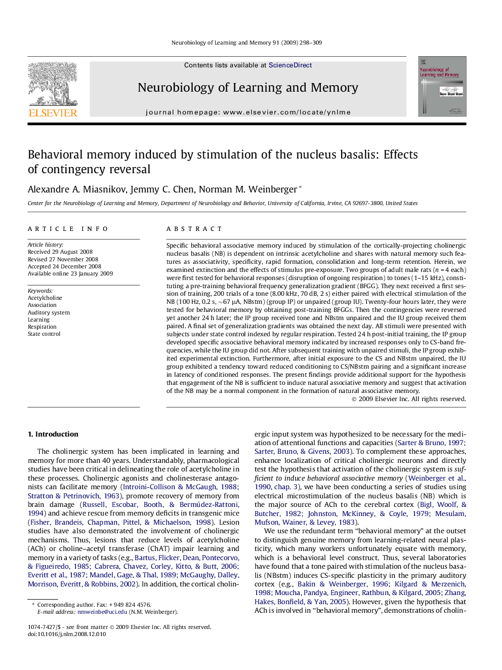 Behavioral memory induced by stimulation of the nucleus basalis: Effects of contingency reversal