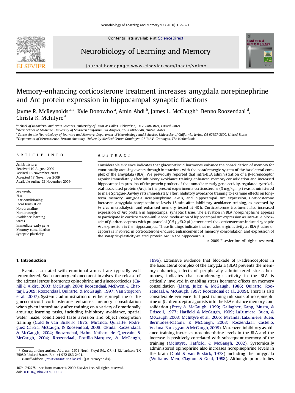 Memory-enhancing corticosterone treatment increases amygdala norepinephrine and Arc protein expression in hippocampal synaptic fractions