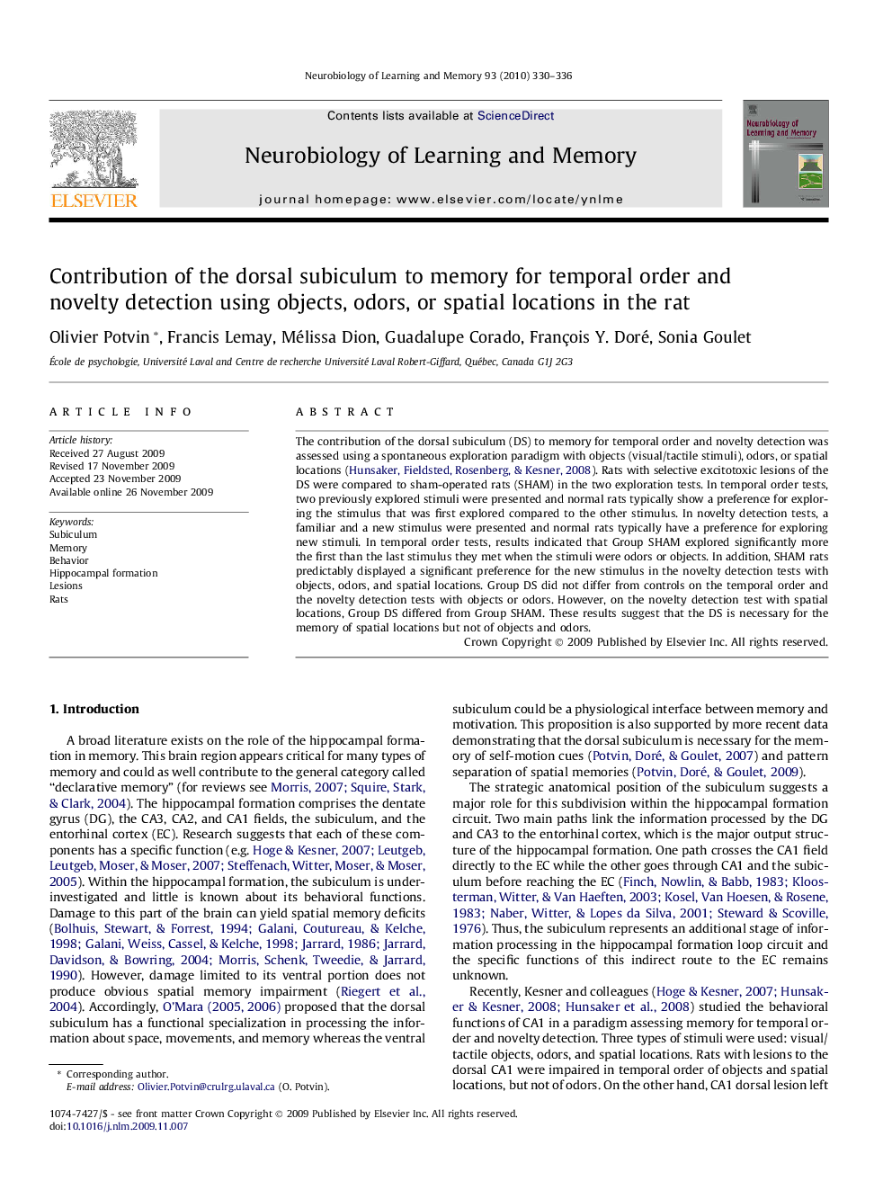 Contribution of the dorsal subiculum to memory for temporal order and novelty detection using objects, odors, or spatial locations in the rat