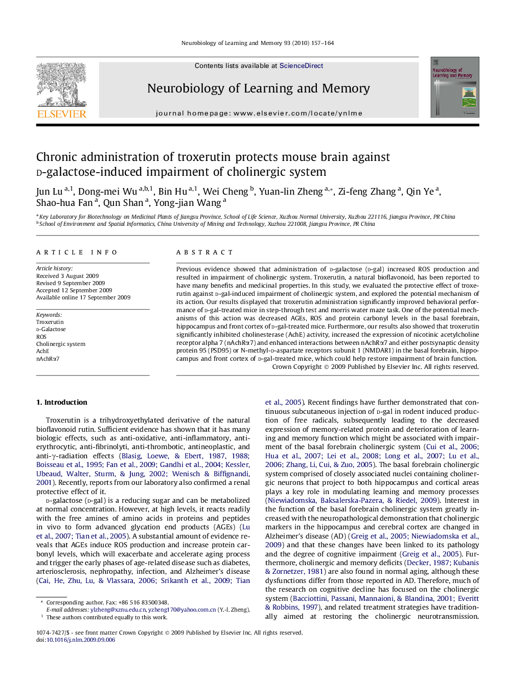 Chronic administration of troxerutin protects mouse brain against d-galactose-induced impairment of cholinergic system