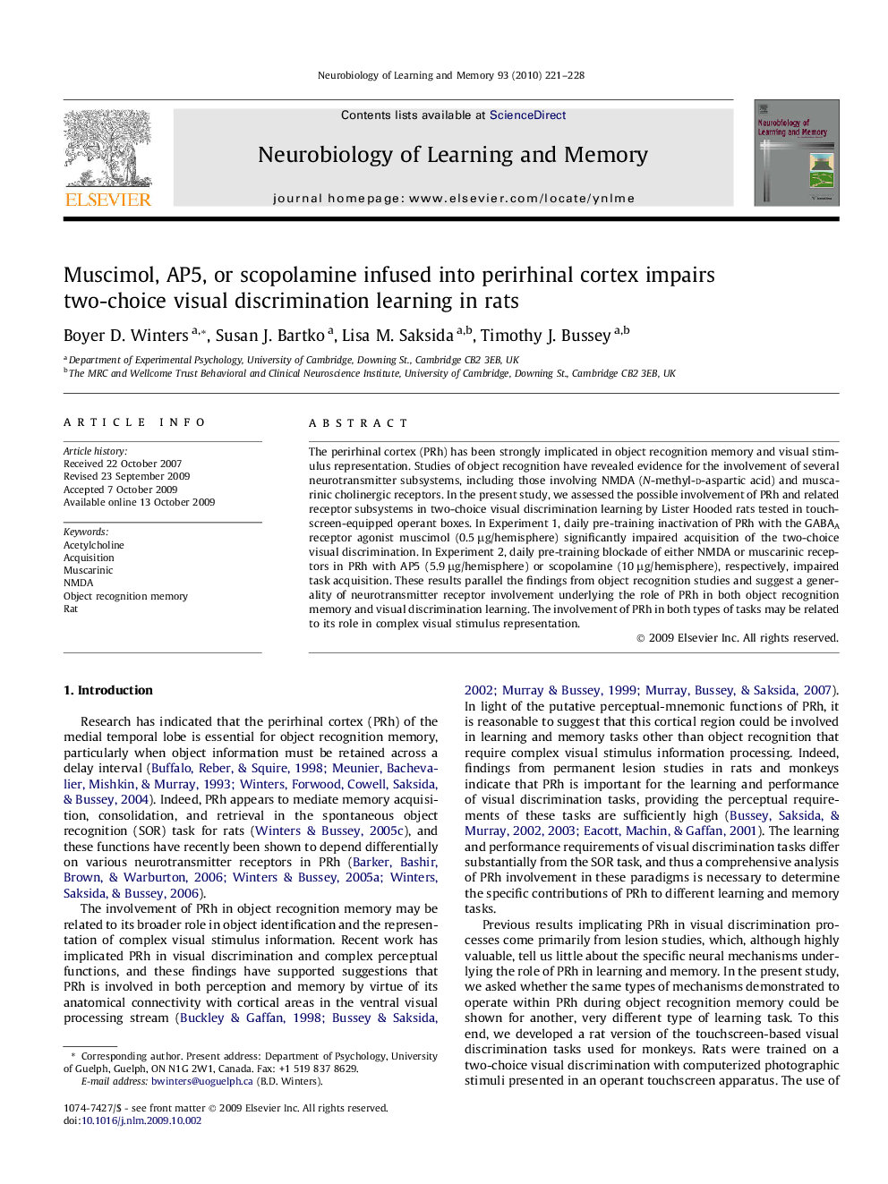 Muscimol, AP5, or scopolamine infused into perirhinal cortex impairs two-choice visual discrimination learning in rats