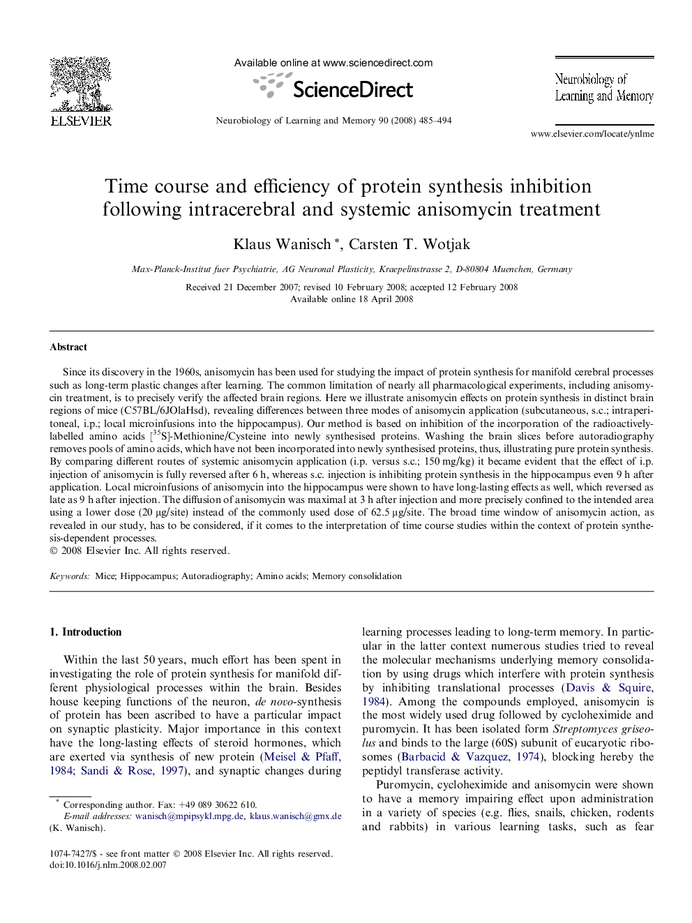 Time course and efficiency of protein synthesis inhibition following intracerebral and systemic anisomycin treatment