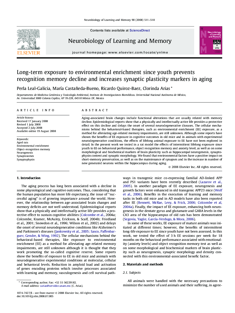 Long-term exposure to environmental enrichment since youth prevents recognition memory decline and increases synaptic plasticity markers in aging