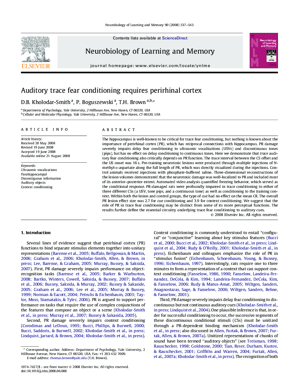 Auditory trace fear conditioning requires perirhinal cortex