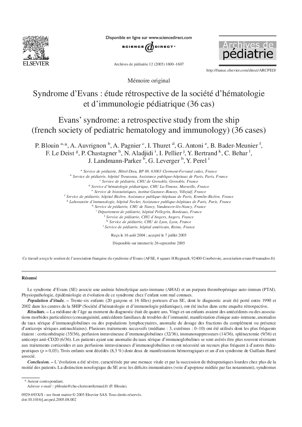 Syndrome d'EvansÂ : étude rétrospective de la société d'hématologie et d'immunologie pédiatrique (36 cas)