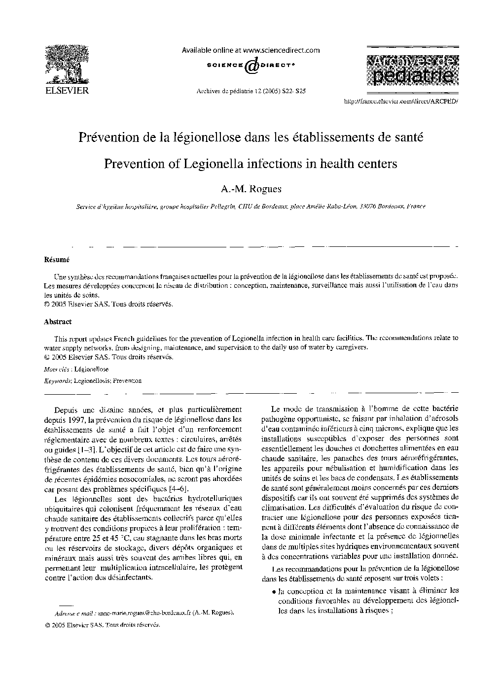 Prévention de la légionellose dans les établissements de santé