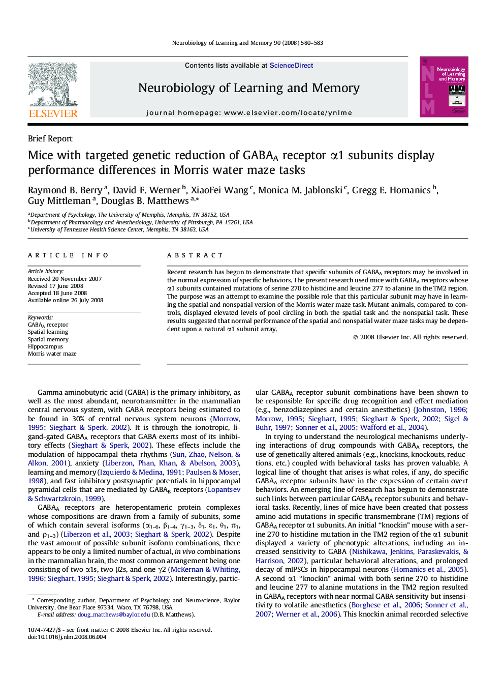 Mice with targeted genetic reduction of GABAA receptor α1 subunits display performance differences in Morris water maze tasks