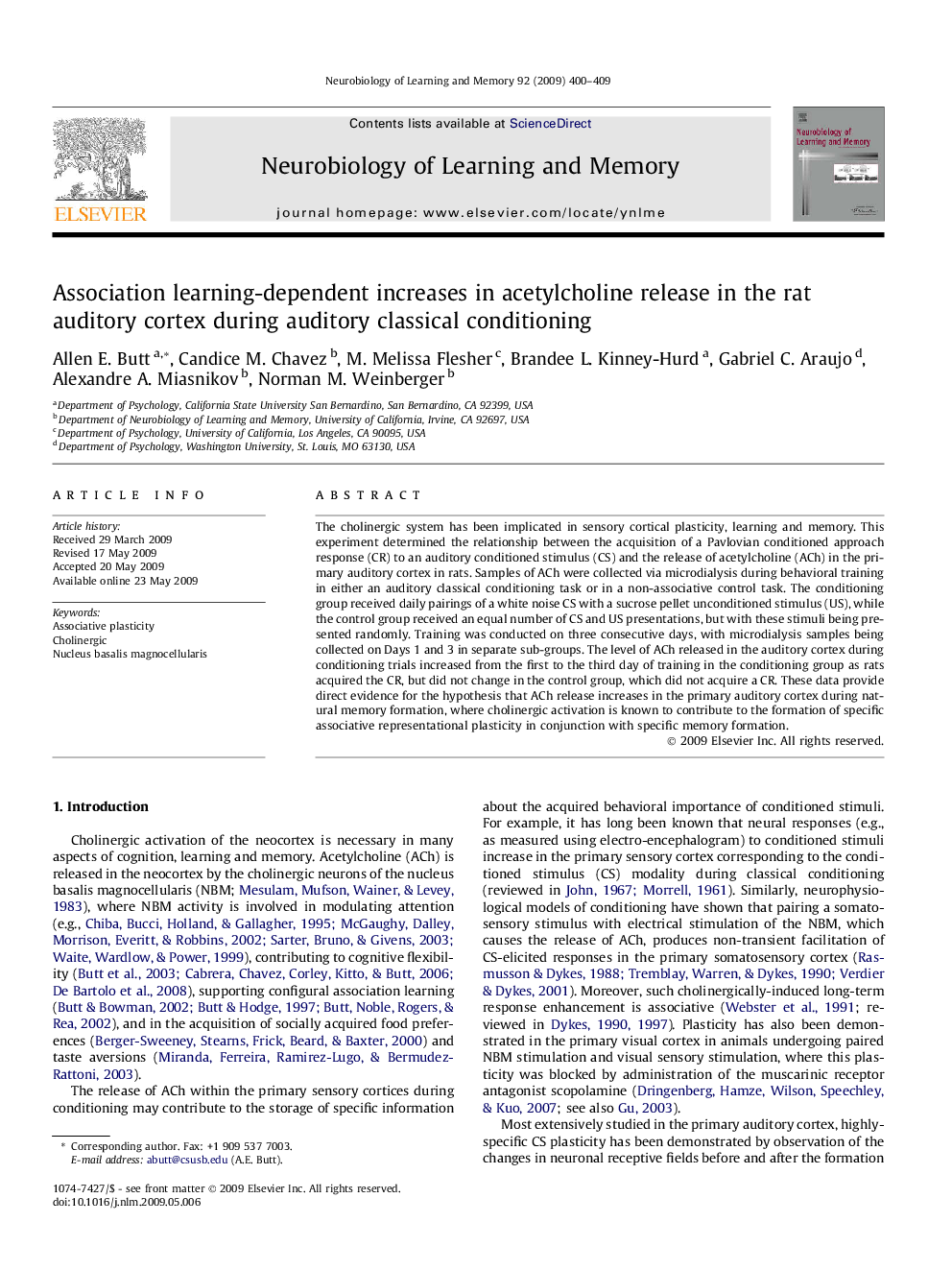 عکس صفحه اول مقاله: Association learning-dependent increases in acetylcholine release in the rat auditory cortex during auditory classical conditioning Association learning-dependent increases in acetylcholine release in the rat auditory cortex during auditory classical conditioning
