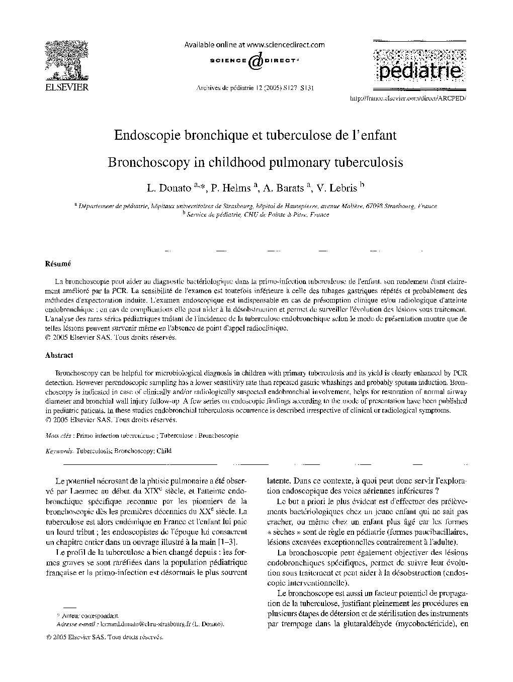 Endoscopie bronchique et tuberculose de l'enfant