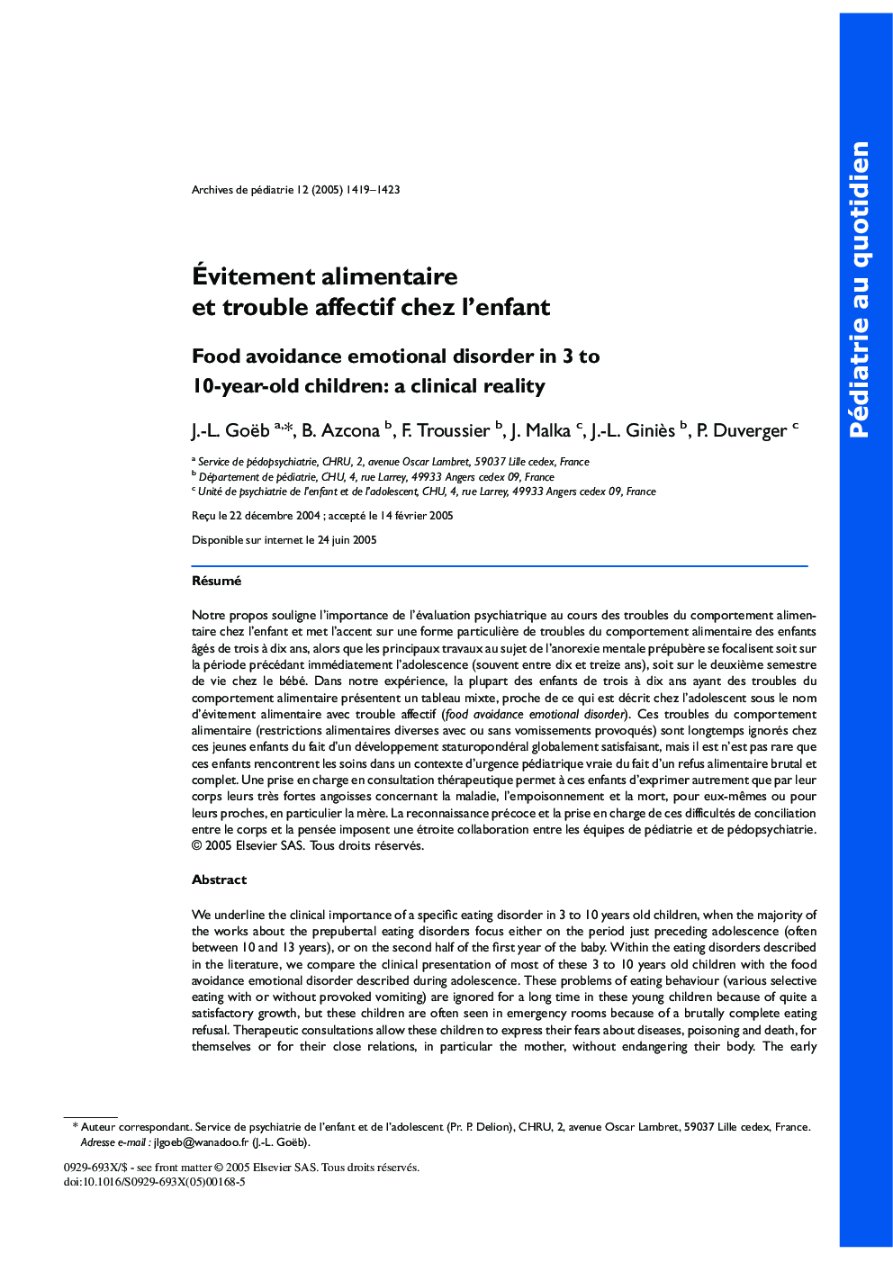 Ãvitement alimentaire et trouble affectif chez l'enfant