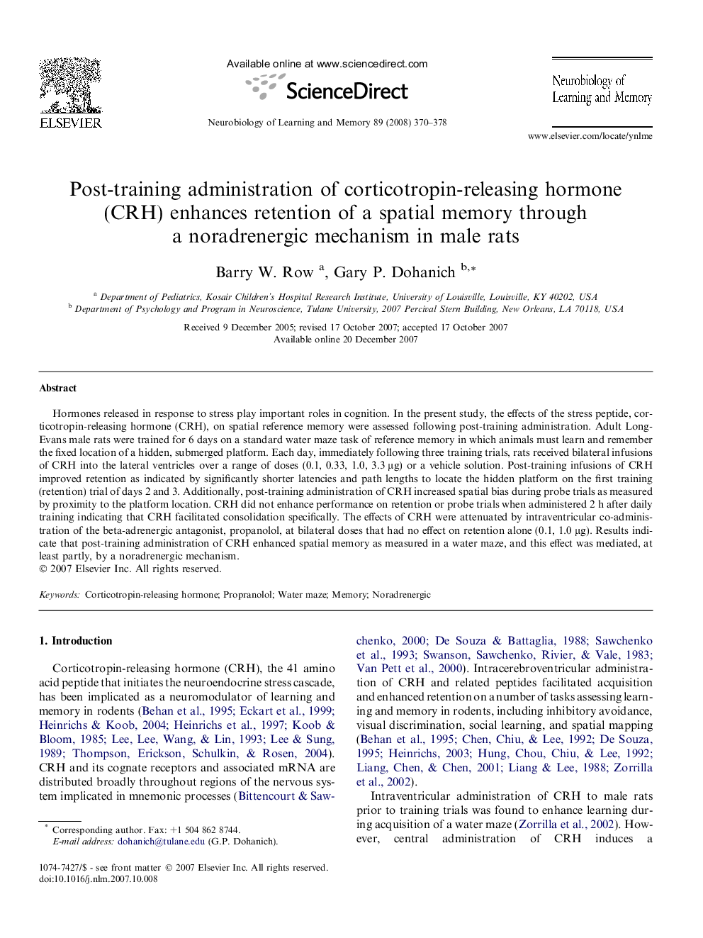 Post-training administration of corticotropin-releasing hormone (CRH) enhances retention of a spatial memory through a noradrenergic mechanism in male rats