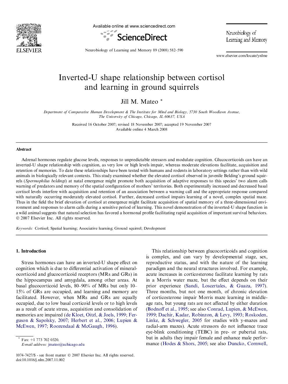 Inverted-U shape relationship between cortisol and learning in ground squirrels