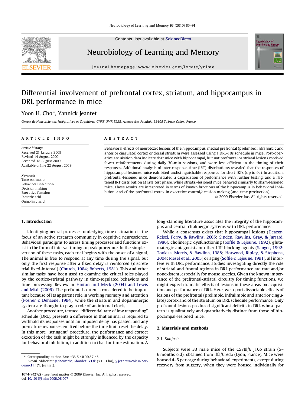 Differential involvement of prefrontal cortex, striatum, and hippocampus in DRL performance in mice