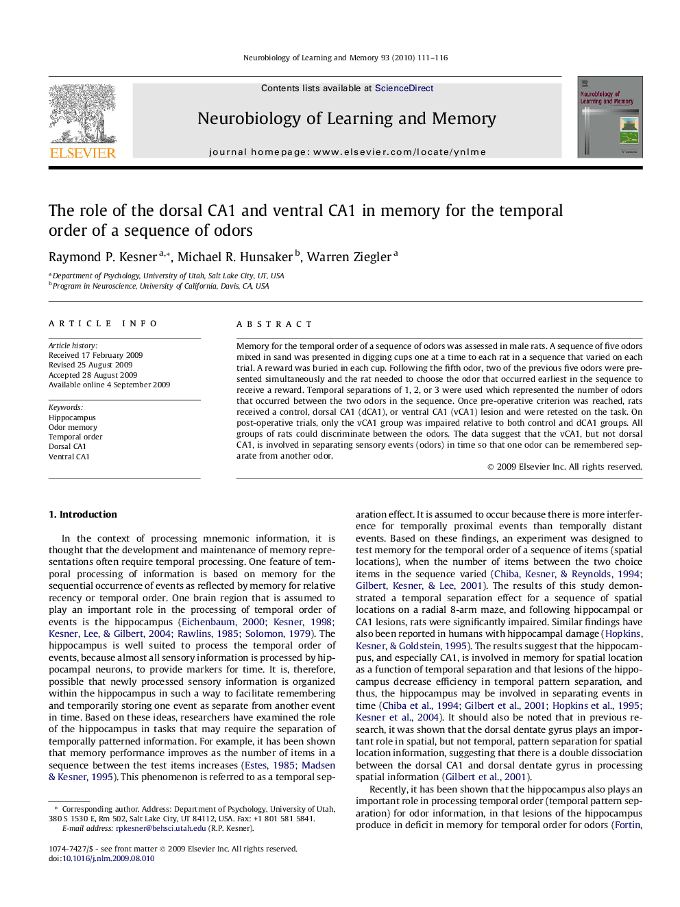 The role of the dorsal CA1 and ventral CA1 in memory for the temporal order of a sequence of odors