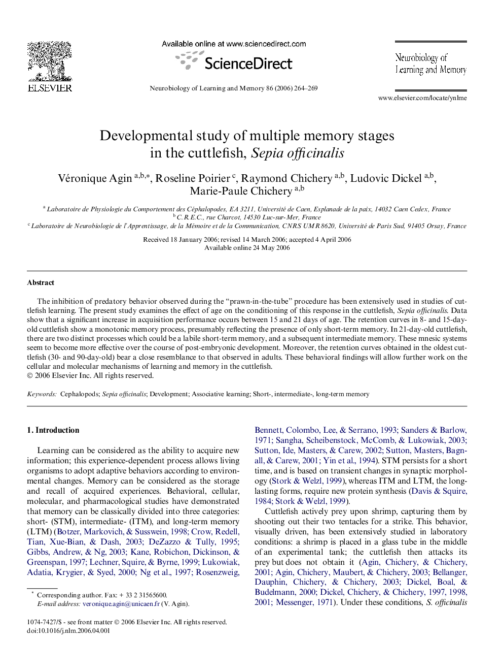 Developmental study of multiple memory stages in the cuttlefish, Sepia officinalis