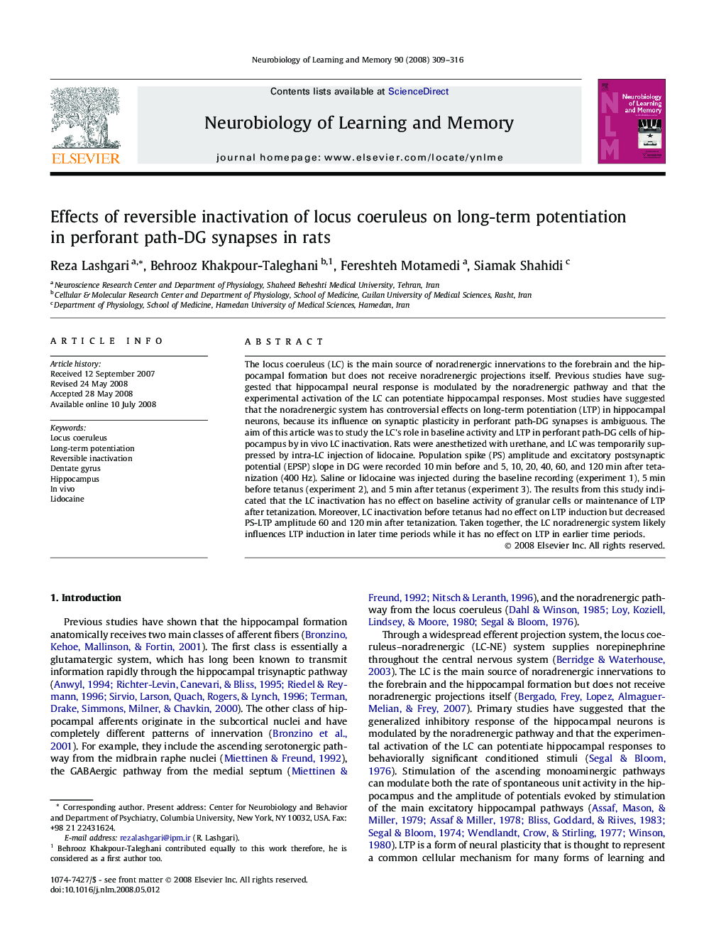 Effects of reversible inactivation of locus coeruleus on long-term potentiation in perforant path-DG synapses in rats