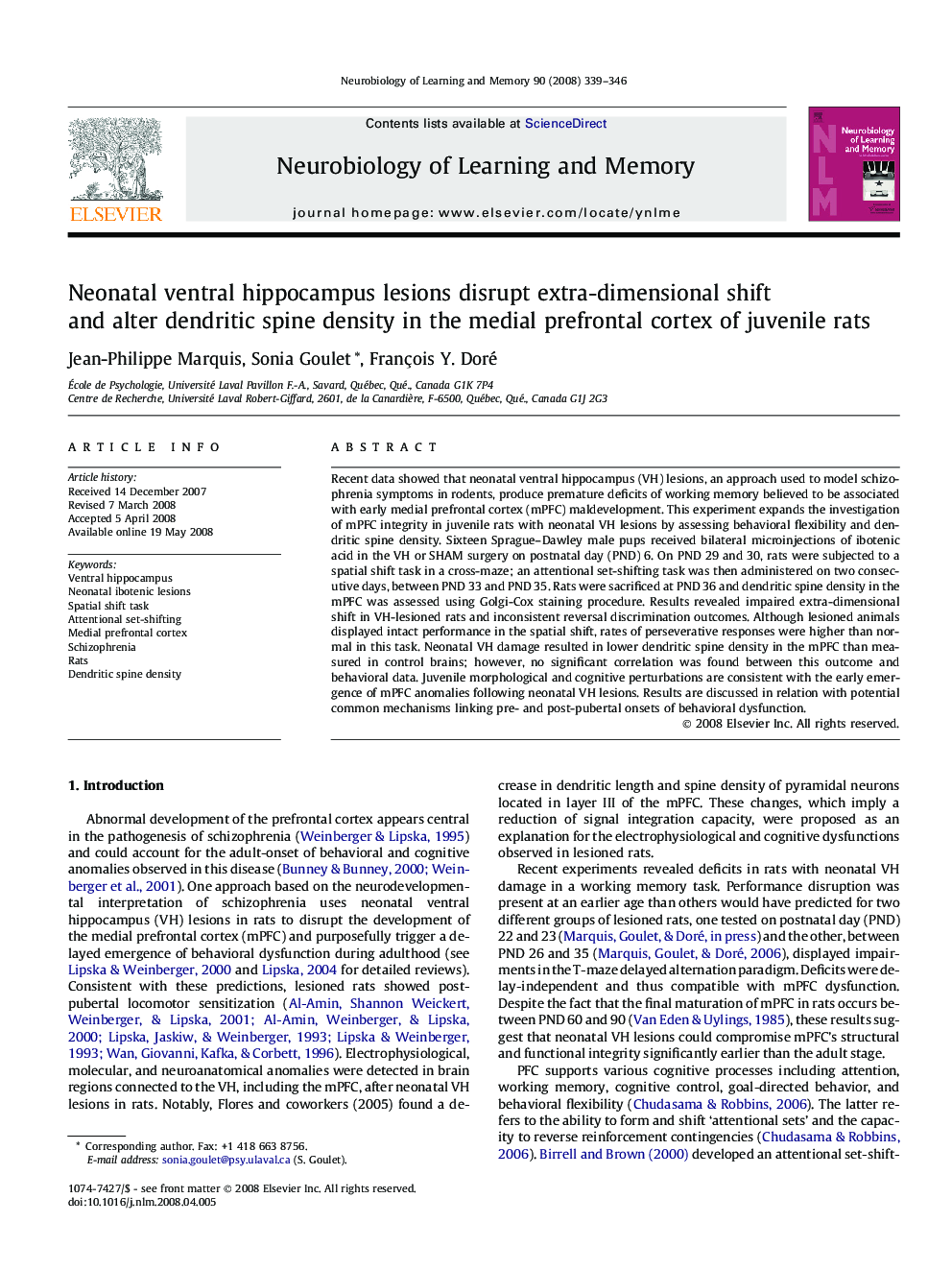 Neonatal ventral hippocampus lesions disrupt extra-dimensional shift and alter dendritic spine density in the medial prefrontal cortex of juvenile rats