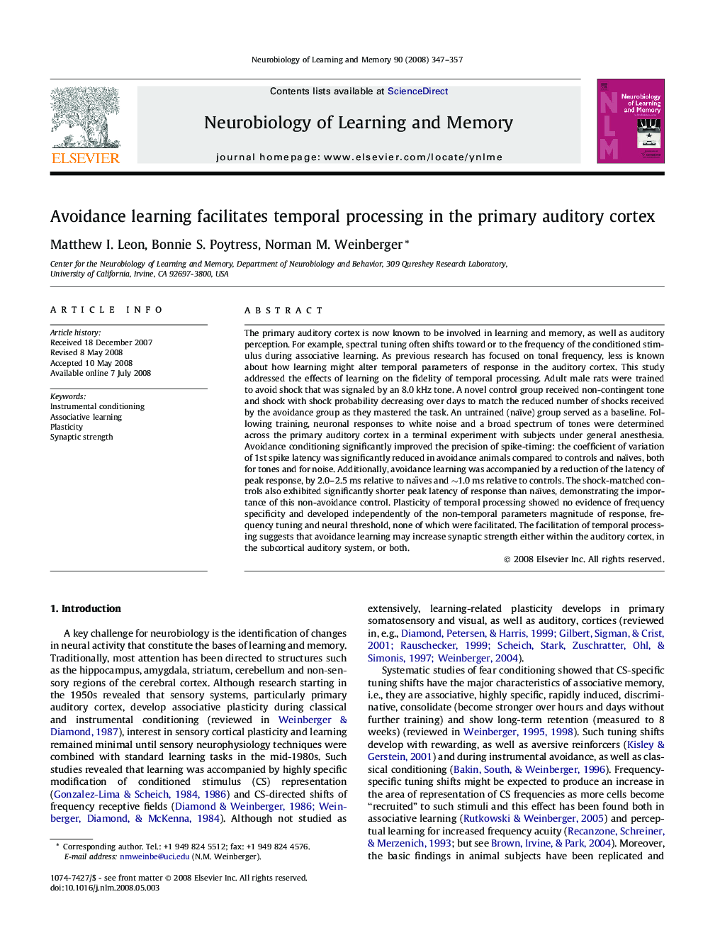 Avoidance learning facilitates temporal processing in the primary auditory cortex