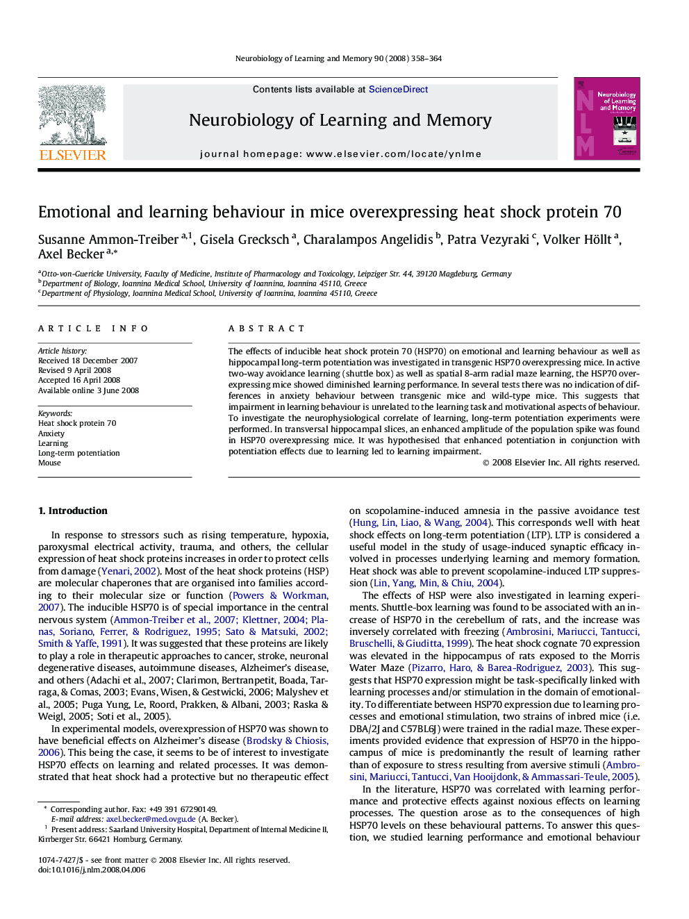 Emotional and learning behaviour in mice overexpressing heat shock protein 70