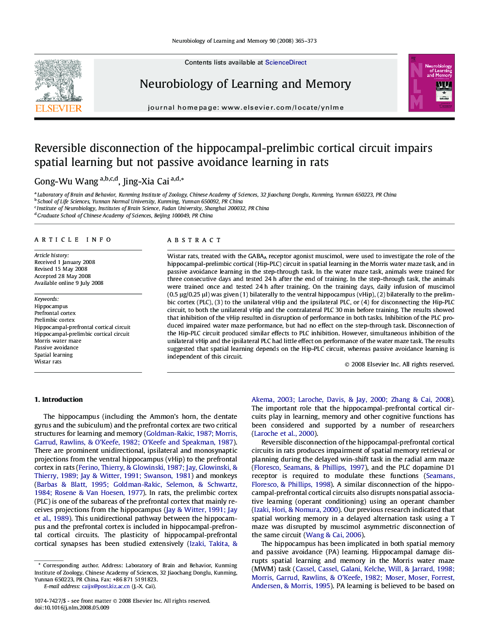 Reversible disconnection of the hippocampal-prelimbic cortical circuit impairs spatial learning but not passive avoidance learning in rats