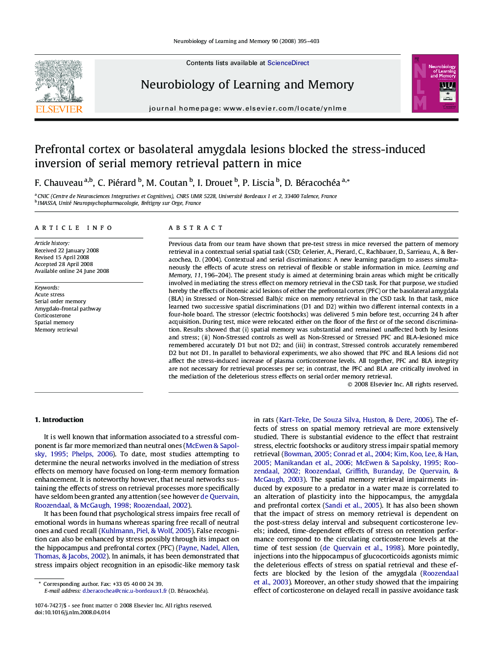 Prefrontal cortex or basolateral amygdala lesions blocked the stress-induced inversion of serial memory retrieval pattern in mice