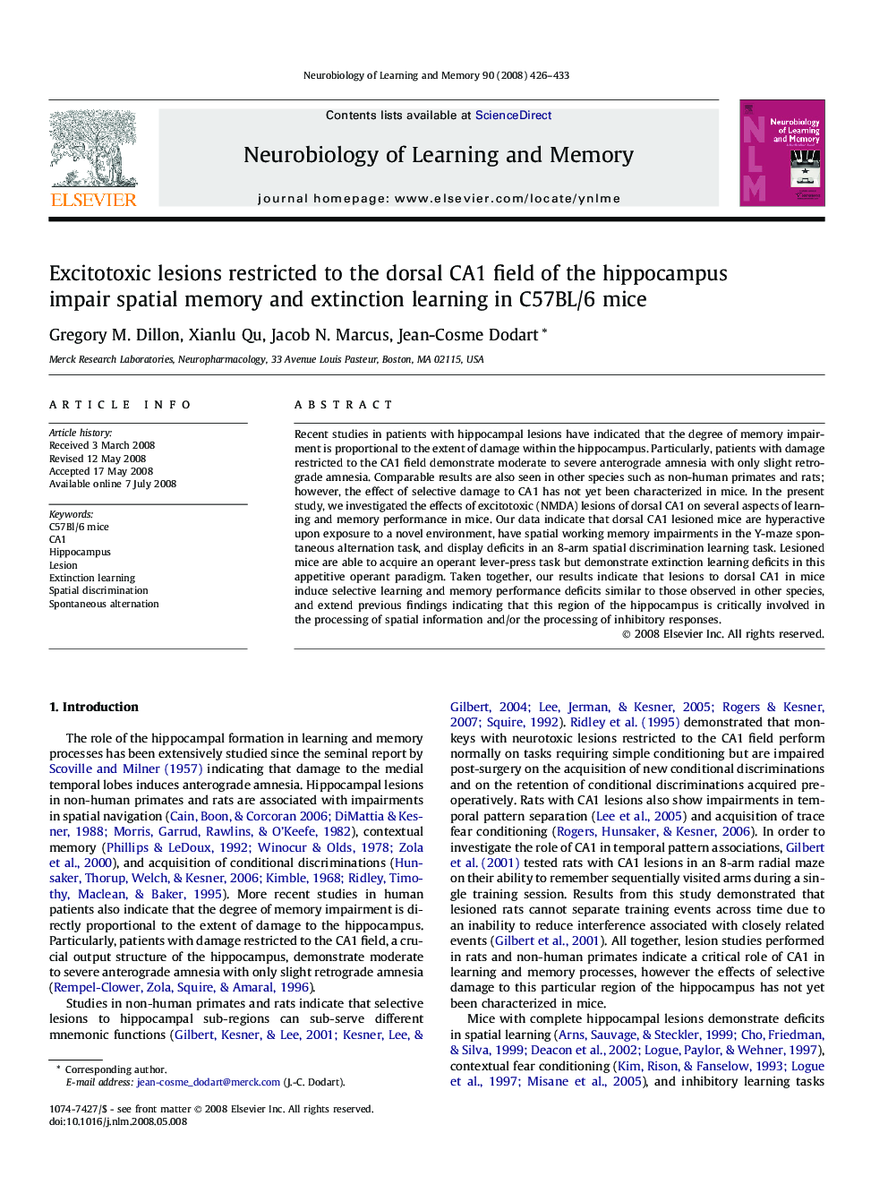 Excitotoxic lesions restricted to the dorsal CA1 field of the hippocampus impair spatial memory and extinction learning in C57BL/6 mice