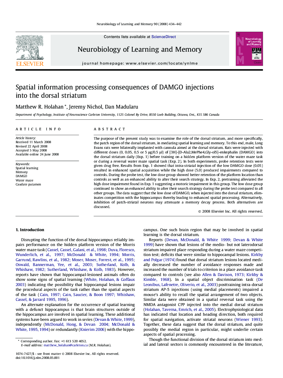 Spatial information processing consequences of DAMGO injections into the dorsal striatum