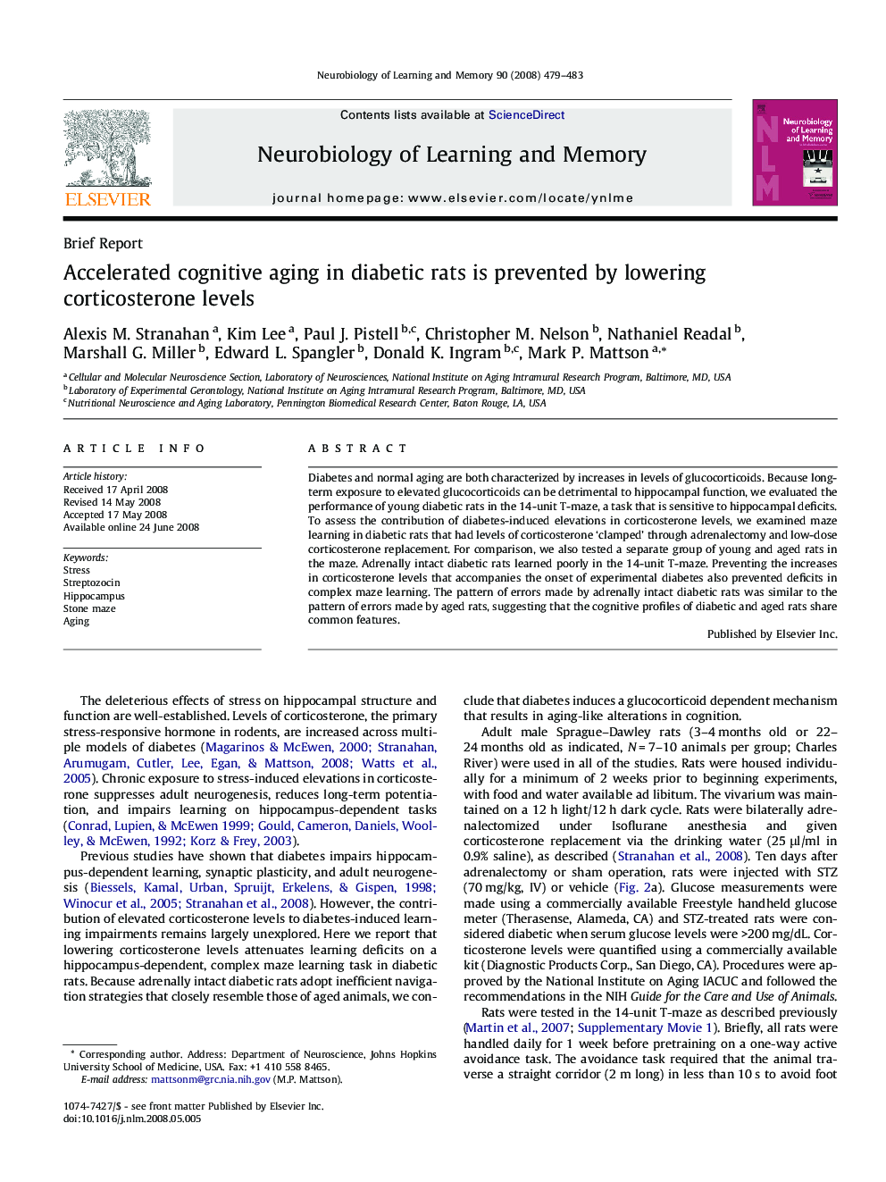 Accelerated cognitive aging in diabetic rats is prevented by lowering corticosterone levels