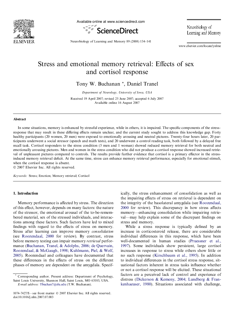 Stress and emotional memory retrieval: Effects of sex and cortisol response