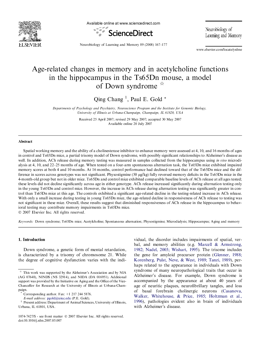 Age-related changes in memory and in acetylcholine functions in the hippocampus in the Ts65Dn mouse, a model of Down syndrome 