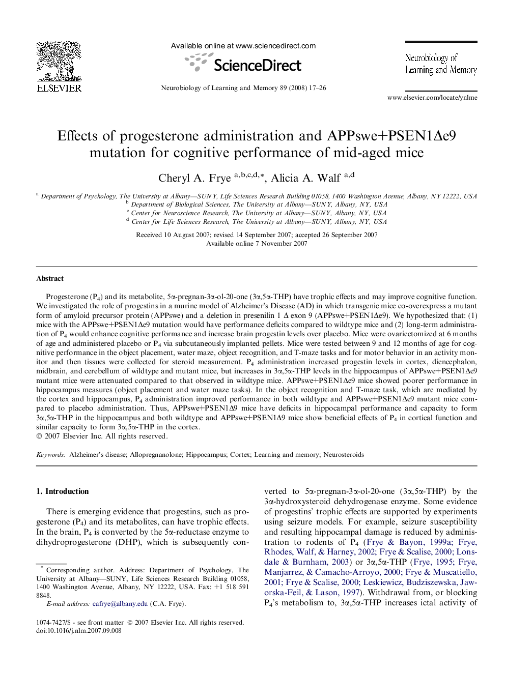 Effects of progesterone administration and APPswe+PSEN1Δe9 mutation for cognitive performance of mid-aged mice