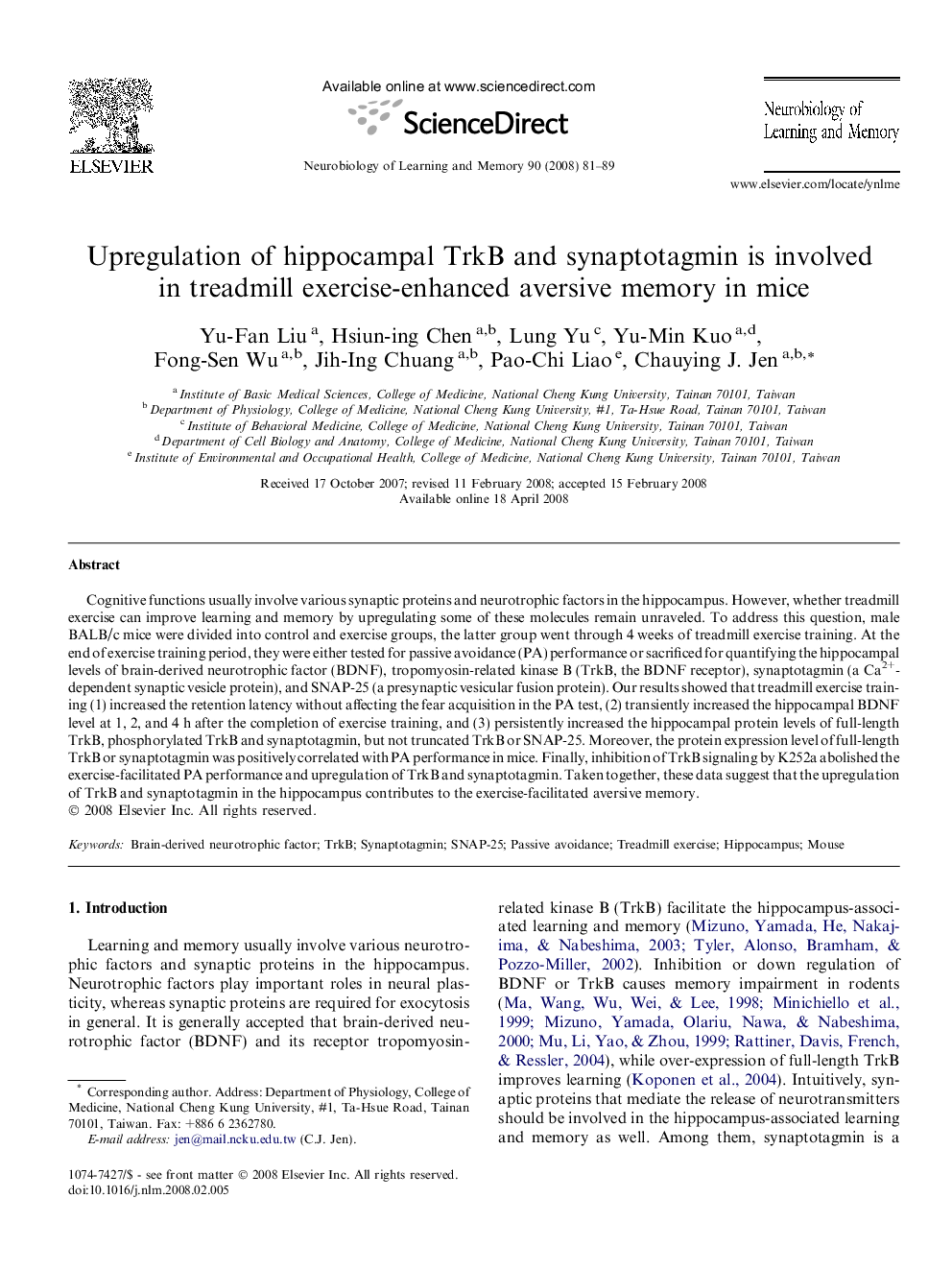 Upregulation of hippocampal TrkB and synaptotagmin is involved in treadmill exercise-enhanced aversive memory in mice