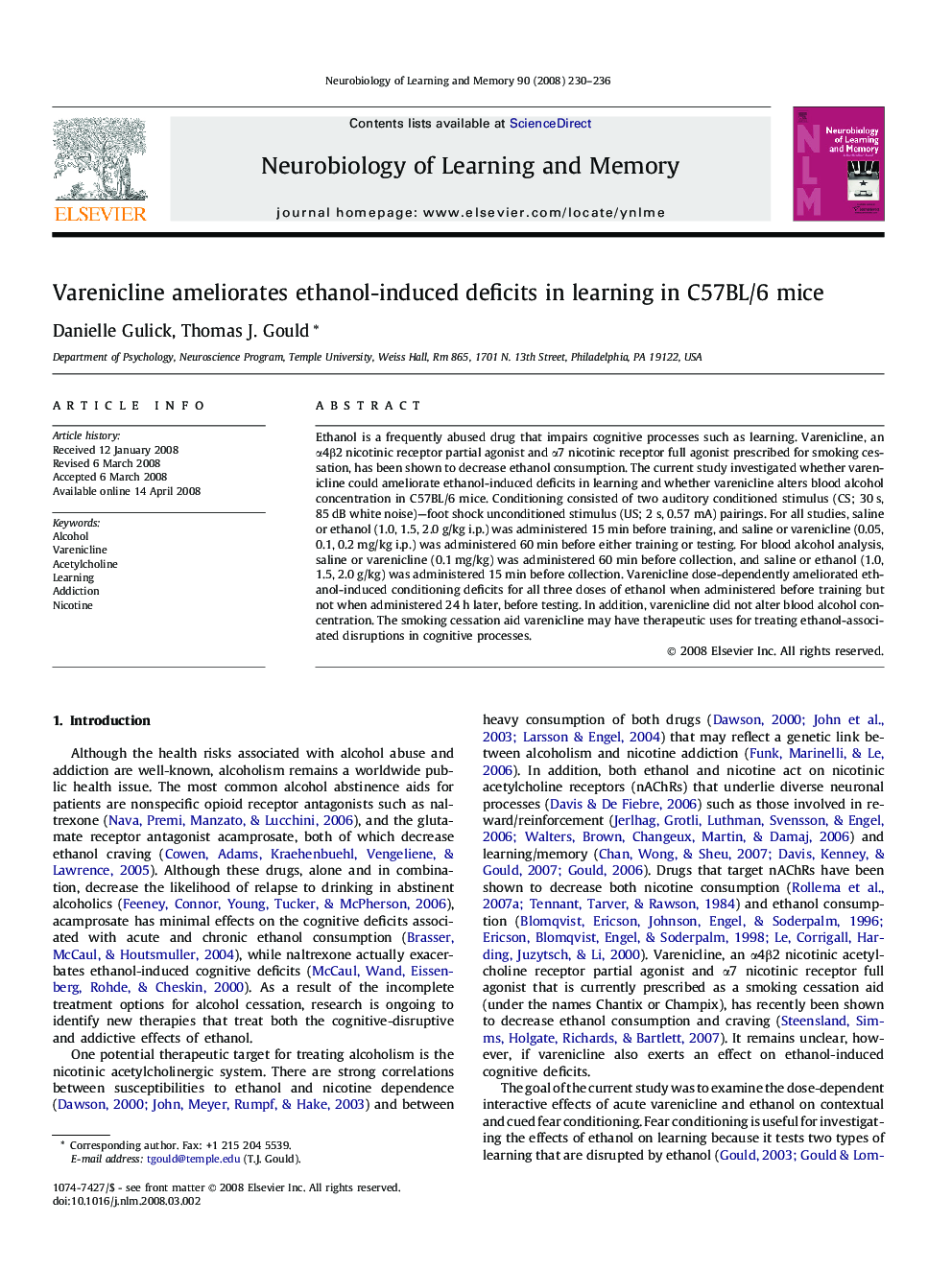 Varenicline ameliorates ethanol-induced deficits in learning in C57BL/6 mice