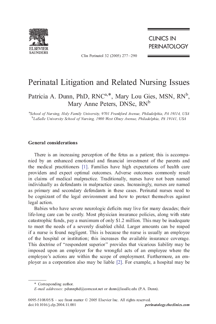 Perinatal Litigation and Related Nursing Issues