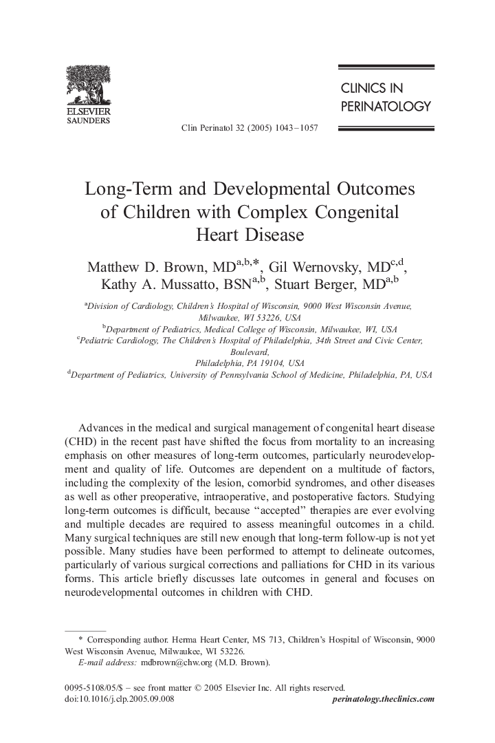 Long-Term and Developmental Outcomes of Children with Complex Congenital Heart Disease