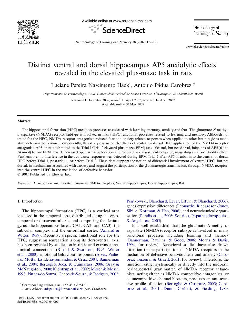 Distinct ventral and dorsal hippocampus AP5 anxiolytic effects revealed in the elevated plus-maze task in rats