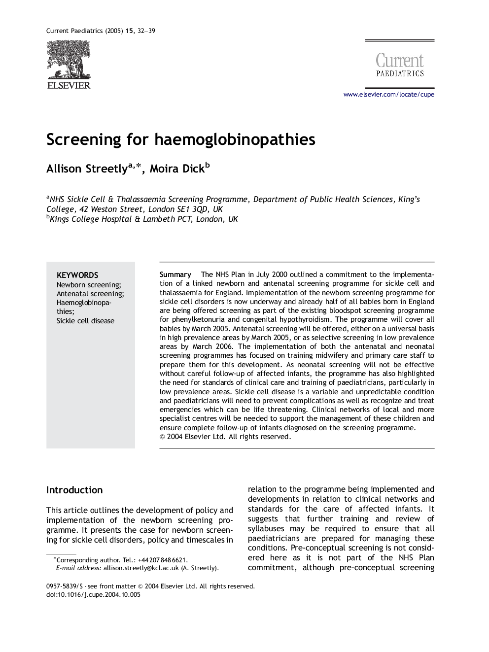 Screening for haemoglobinopathies