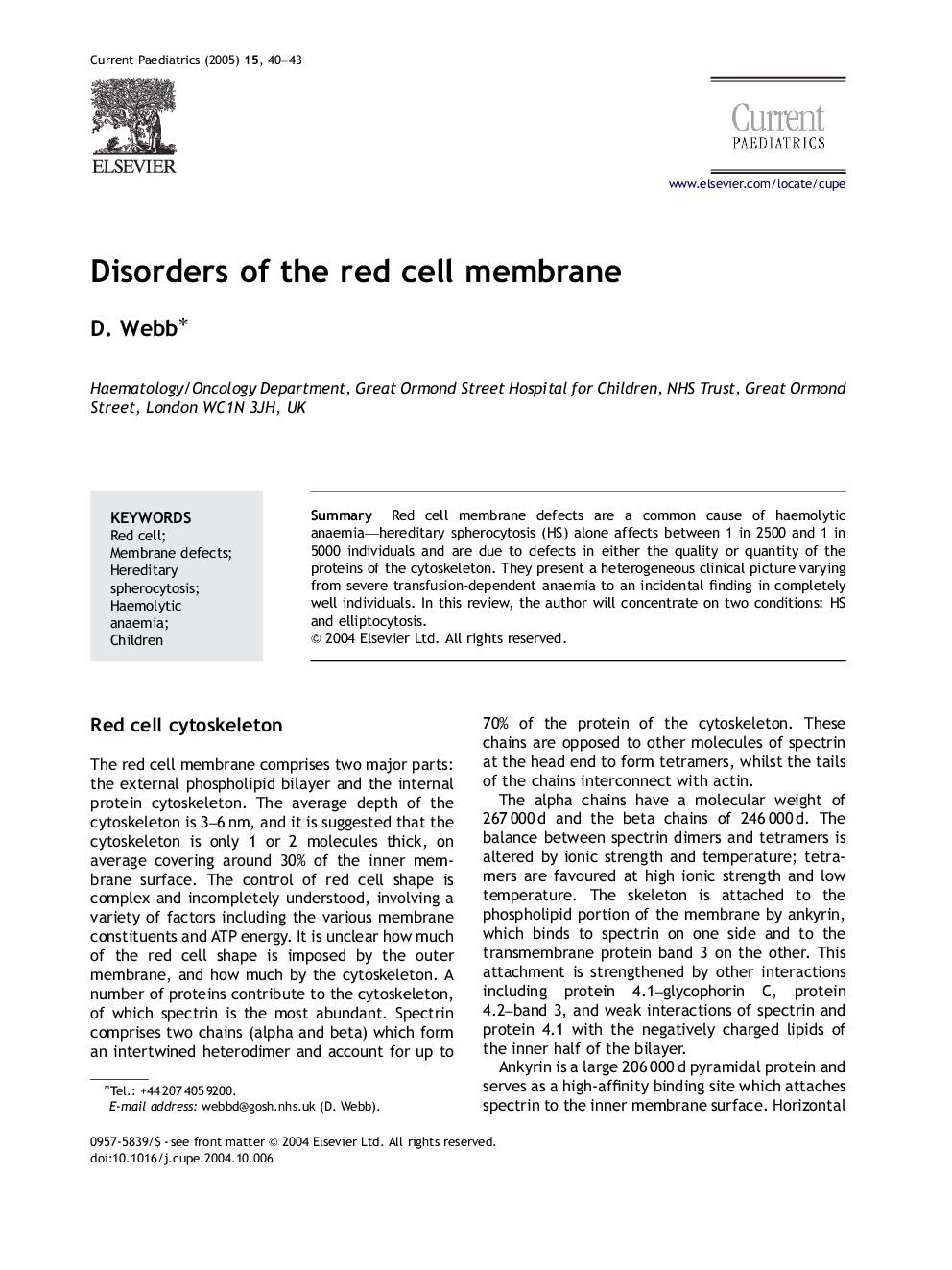 Disorders of the red cell membrane