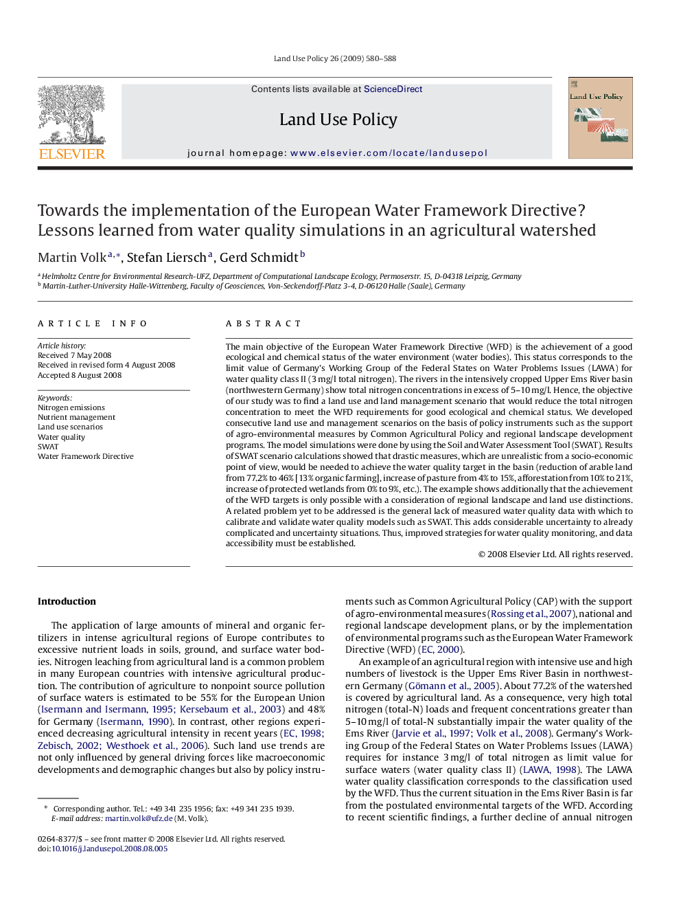 Towards the implementation of the European Water Framework Directive?: Lessons learned from water quality simulations in an agricultural watershed