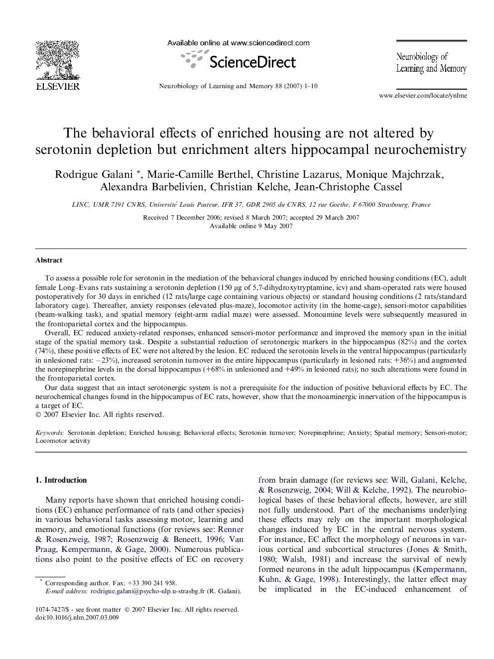 The behavioral effects of enriched housing are not altered by serotonin depletion but enrichment alters hippocampal neurochemistry