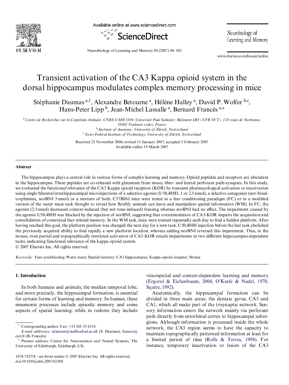 Transient activation of the CA3 Kappa opioid system in the dorsal hippocampus modulates complex memory processing in mice