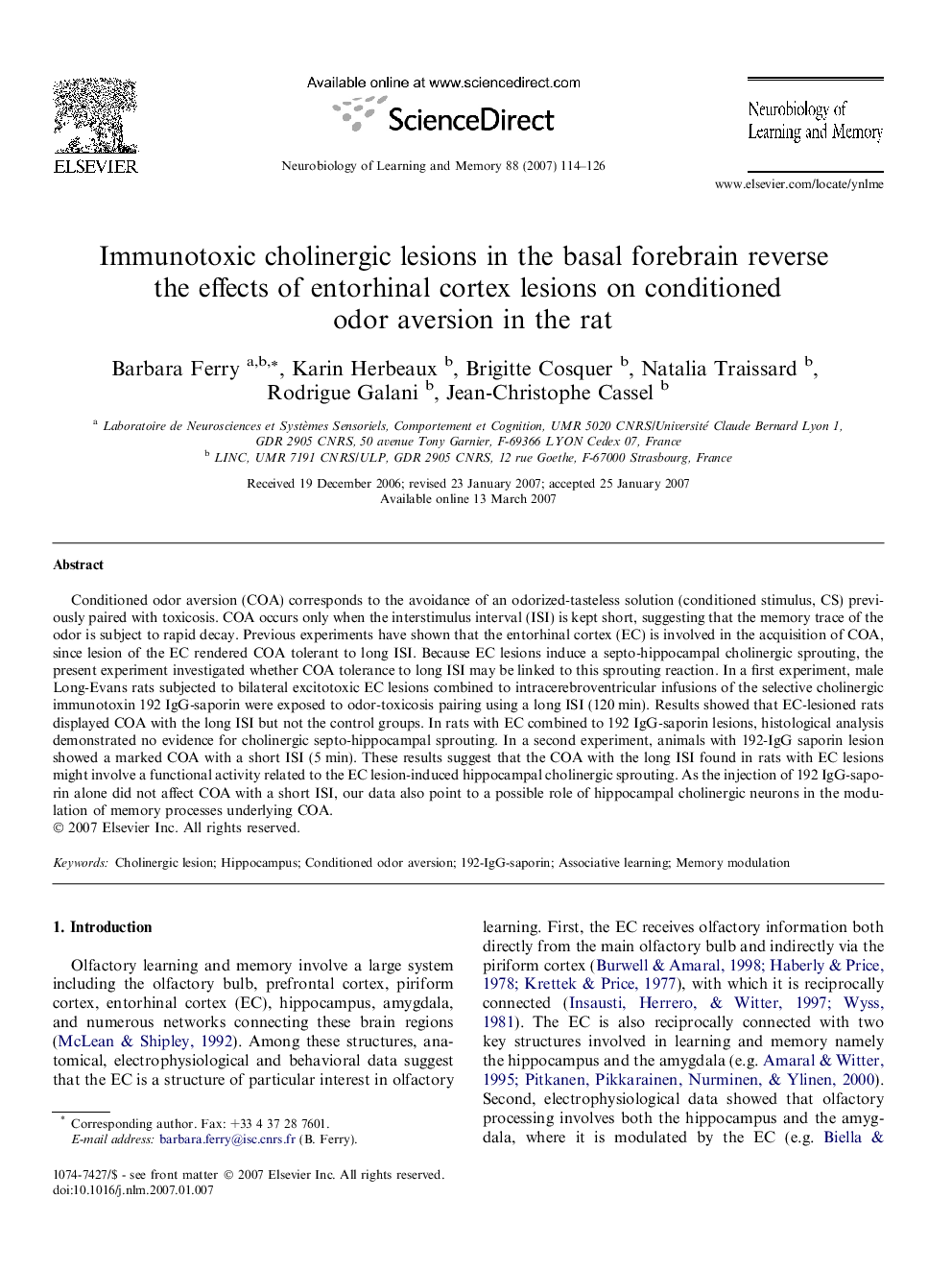 Immunotoxic cholinergic lesions in the basal forebrain reverse the effects of entorhinal cortex lesions on conditioned odor aversion in the rat