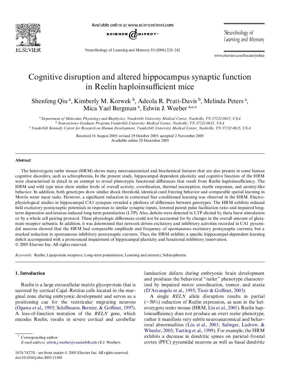 Cognitive disruption and altered hippocampus synaptic function in Reelin haploinsufficient mice