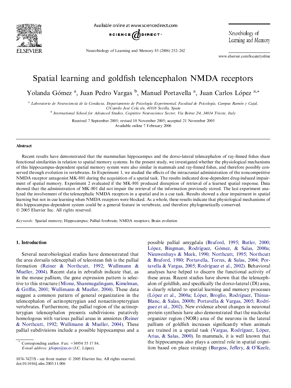 Spatial learning and goldfish telencephalon NMDA receptors