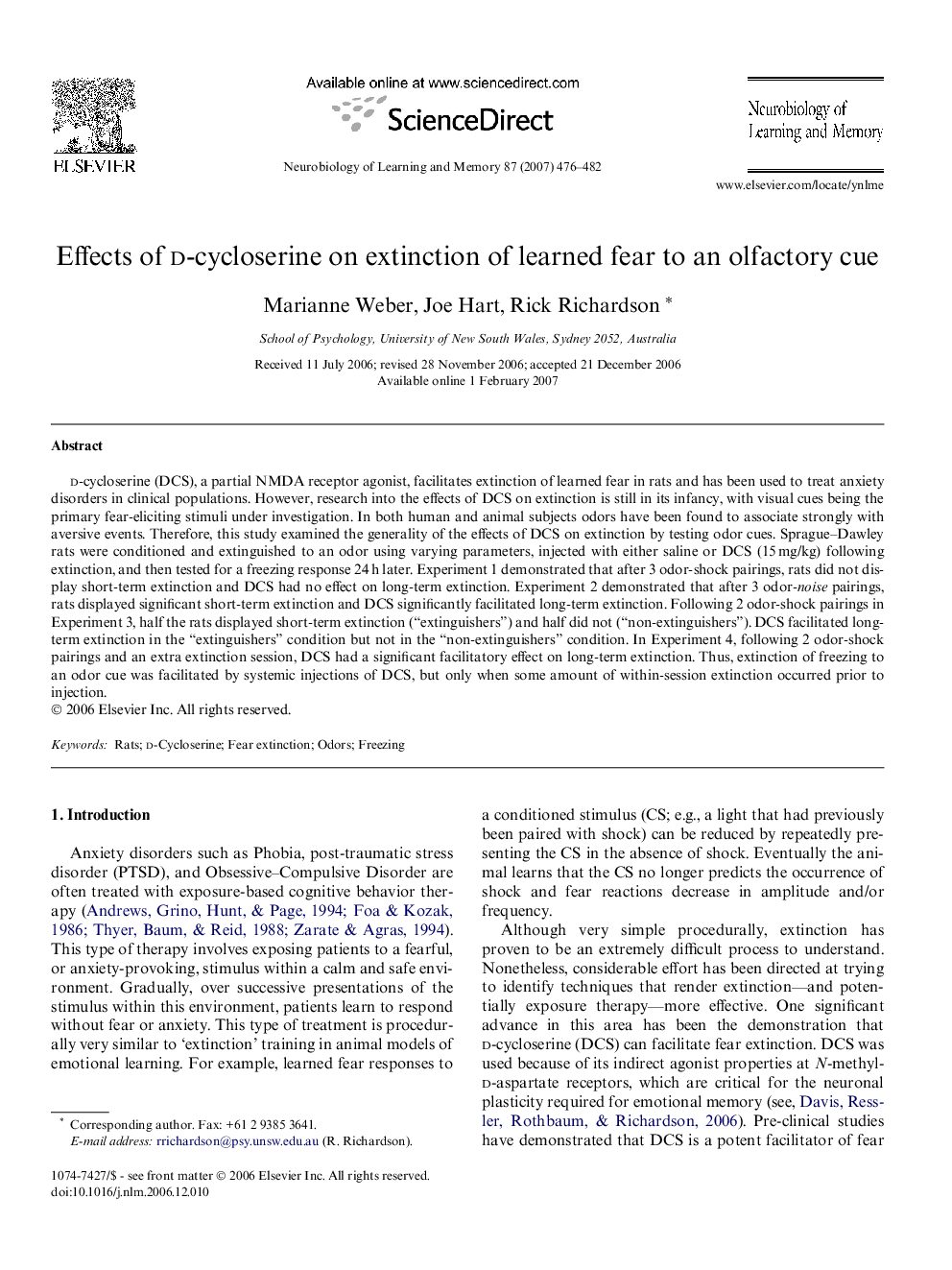 Effects of d-cycloserine on extinction of learned fear to an olfactory cue