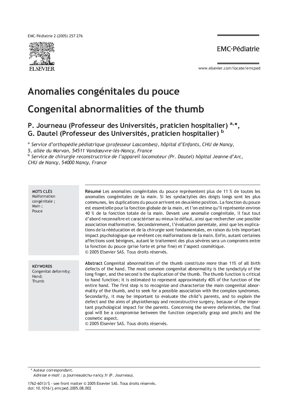 Anomalies congénitales du pouce