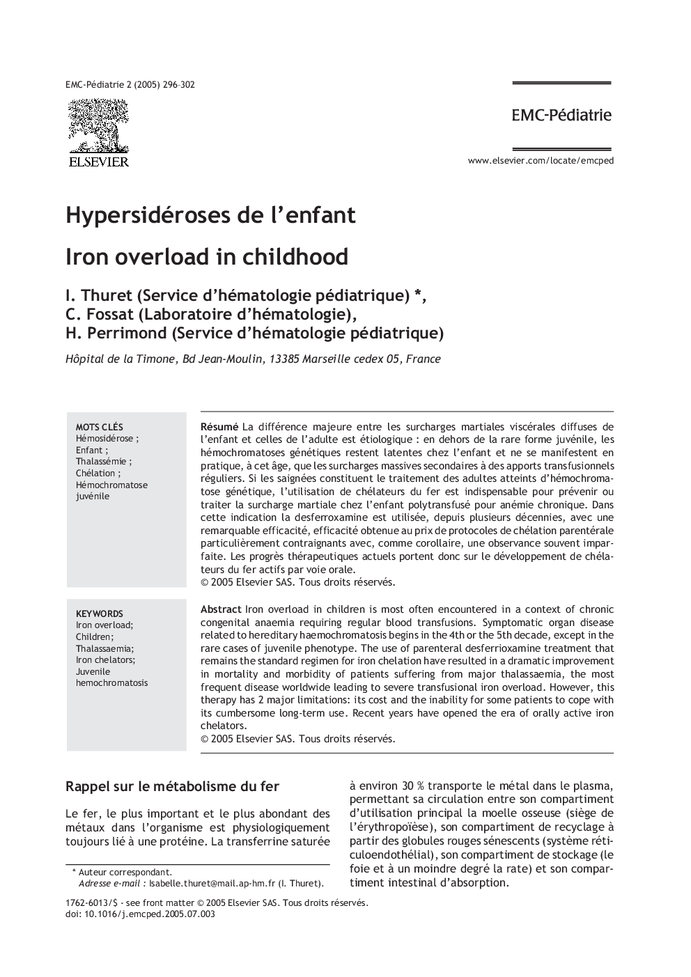 Hypersidéroses de l'enfant