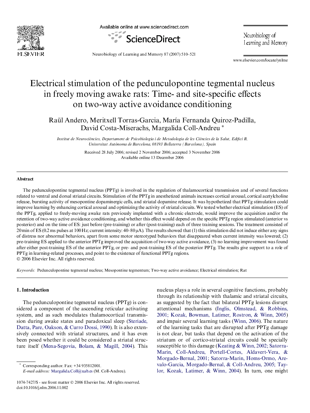 Electrical stimulation of the pedunculopontine tegmental nucleus in freely moving awake rats: Time- and site-specific effects on two-way active avoidance conditioning